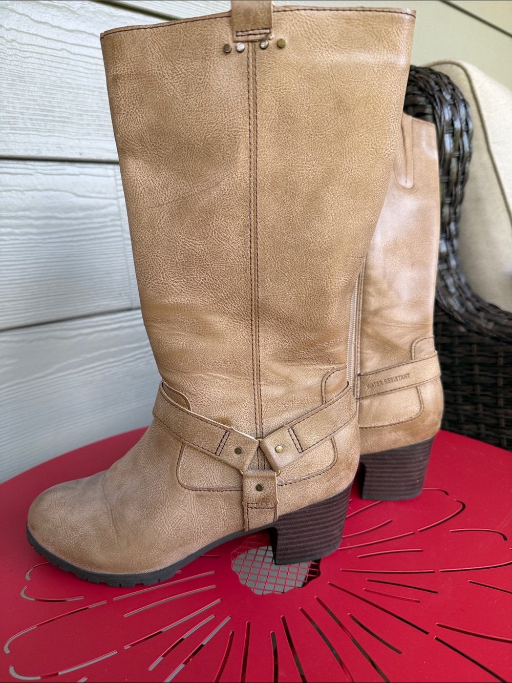 JBU Tan Leather Mid-Calf Harness Boots Women